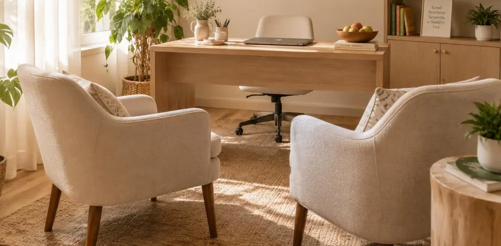 Consultório acolhedor com poltronas claras e luz natural
